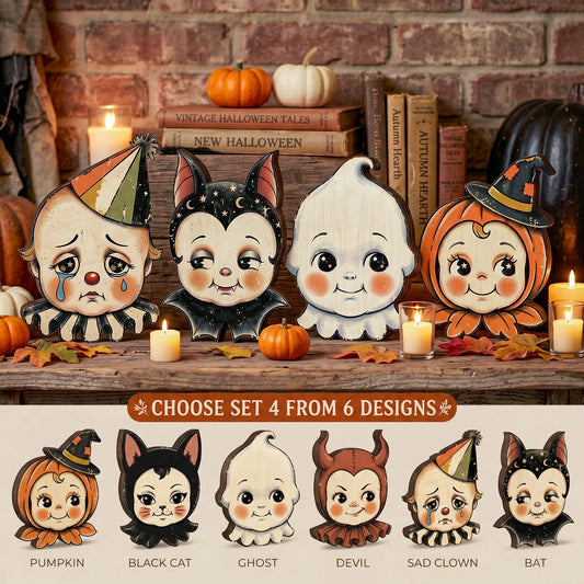 Retro Cute Halloween Character Wooden Block Sign, Whimsical Pumpkin Ghost Devil Cat Clown Decor, Vintage Style Fall Shelf Decoration