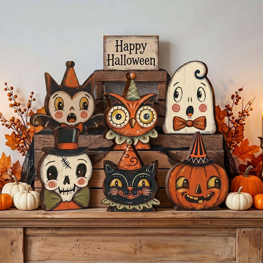 Vintage Halloween Character Wooden Block Sign, Cute Pumpkin Ghost Cat Owl Decor, Spooky Fall Home Decoration