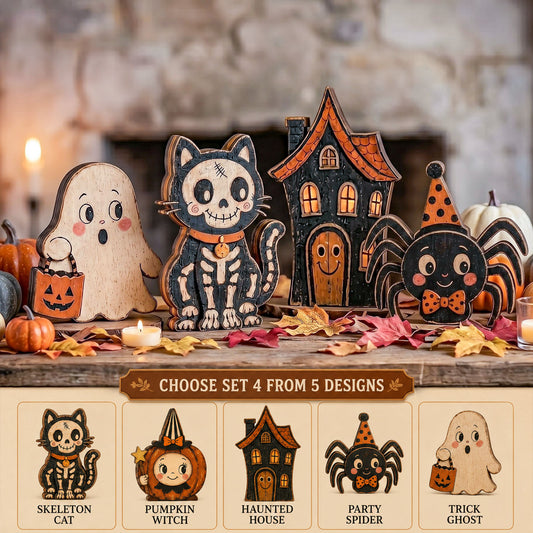 Vintage Halloween Character Wooden Block Sign, Cute Ghost Pumpkin Spider Cat Haunted House Decor Set, Spooky Fall Tiered Tray Decoration