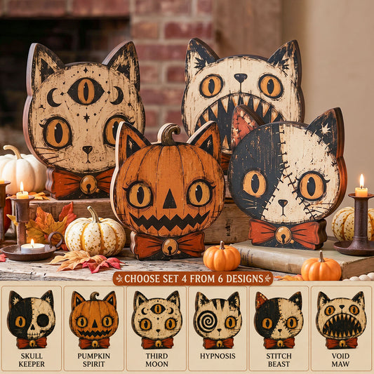 Vintage Halloween Cat Character Wooden Block Sign, Spooky Black Cat Pumpkin Decor Set, Rustic Fall Home Decoration