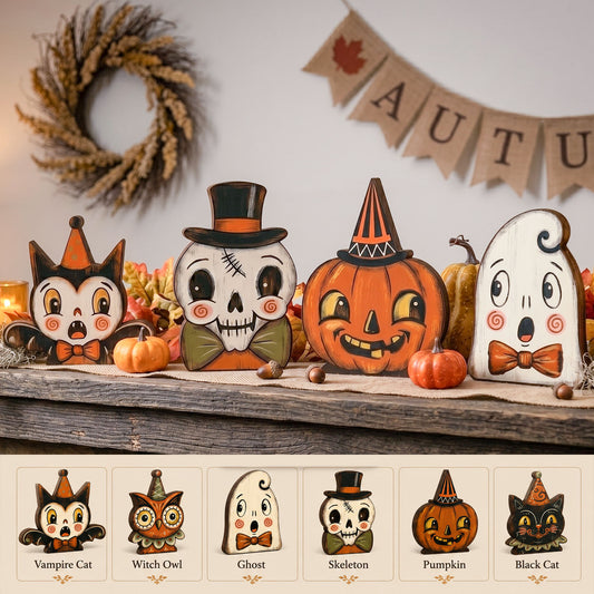 Vintage Halloween Character Wooden Block Sign, Cute Pumpkin Ghost Cat Owl Decor, Spooky Fall Home Decoration