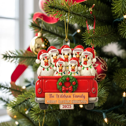 Merry Cluckmas Red Truck - Personalized Chicken Family On Truck Acrylic Ornament