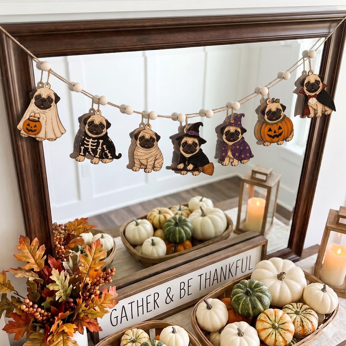 Halloween Pug Wooden Garland, Spooky Ghost Skeleton Witch Pug Garland, Halloween Mantel Fireplace Decor, Fall Bookshelf Decoration, Dog Lover Gift