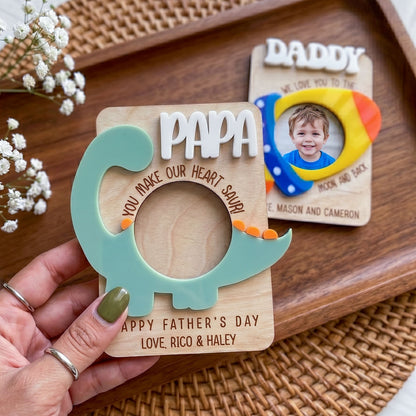 Personalized Playful Photo Holder Fridge Magnet, Custom Daddy Papa Picture Frame Magnet, Rocket Dinosaur Globe Design, Father’s Day Gift, Family Photo Keepsake