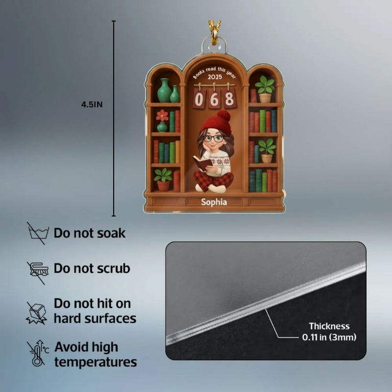 Books Read This Year, Personalized Girl Sitting On Bookshelf Acrylic Ornament, Gifr For Book Lover, Bookworm