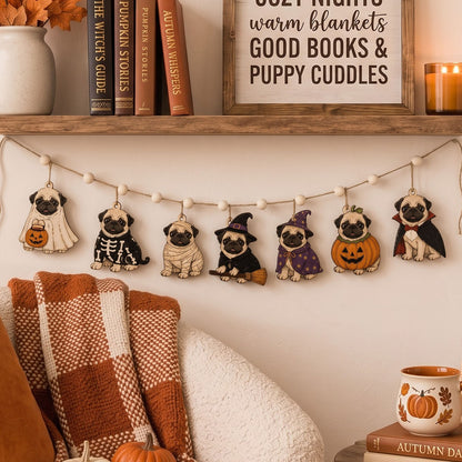 Halloween Pug Wooden Garland, Spooky Ghost Skeleton Witch Pug Garland, Halloween Mantel Fireplace Decor, Fall Bookshelf Decoration, Dog Lover Gift