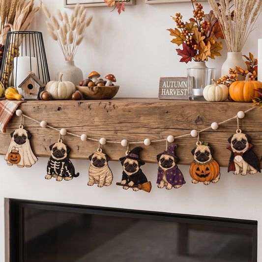 Halloween Pug Wooden Garland, Spooky Ghost Skeleton Witch Pug Garland, Halloween Mantel Fireplace Decor, Fall Bookshelf Decoration, Dog Lover Gift