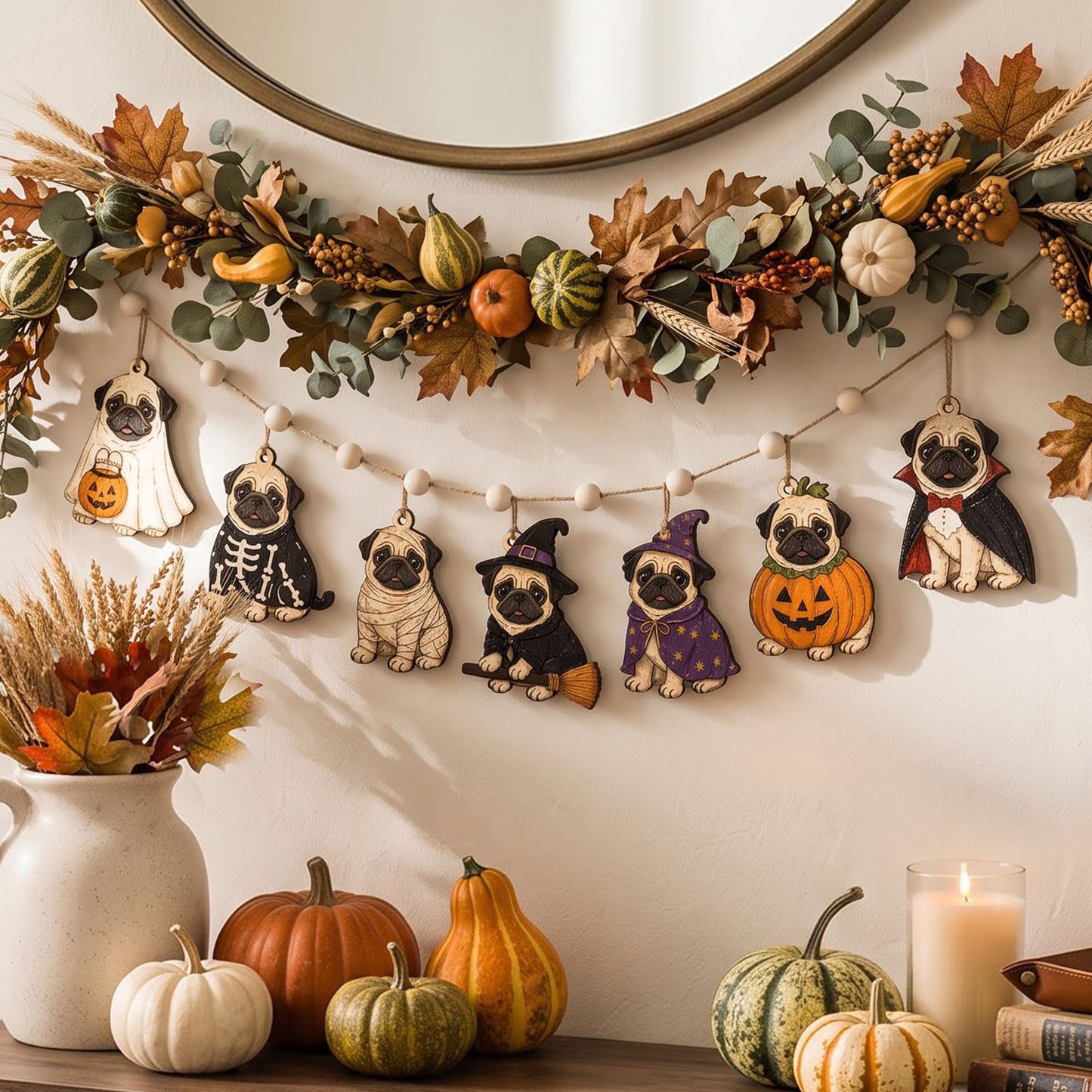 Halloween Pug Wooden Garland, Spooky Ghost Skeleton Witch Pug Garland, Halloween Mantel Fireplace Decor, Fall Bookshelf Decoration, Dog Lover Gift