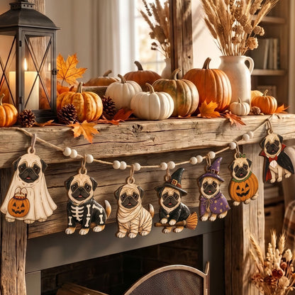 Halloween Pug Wooden Garland, Spooky Ghost Skeleton Witch Pug Garland, Halloween Mantel Fireplace Decor, Fall Bookshelf Decoration, Dog Lover Gift