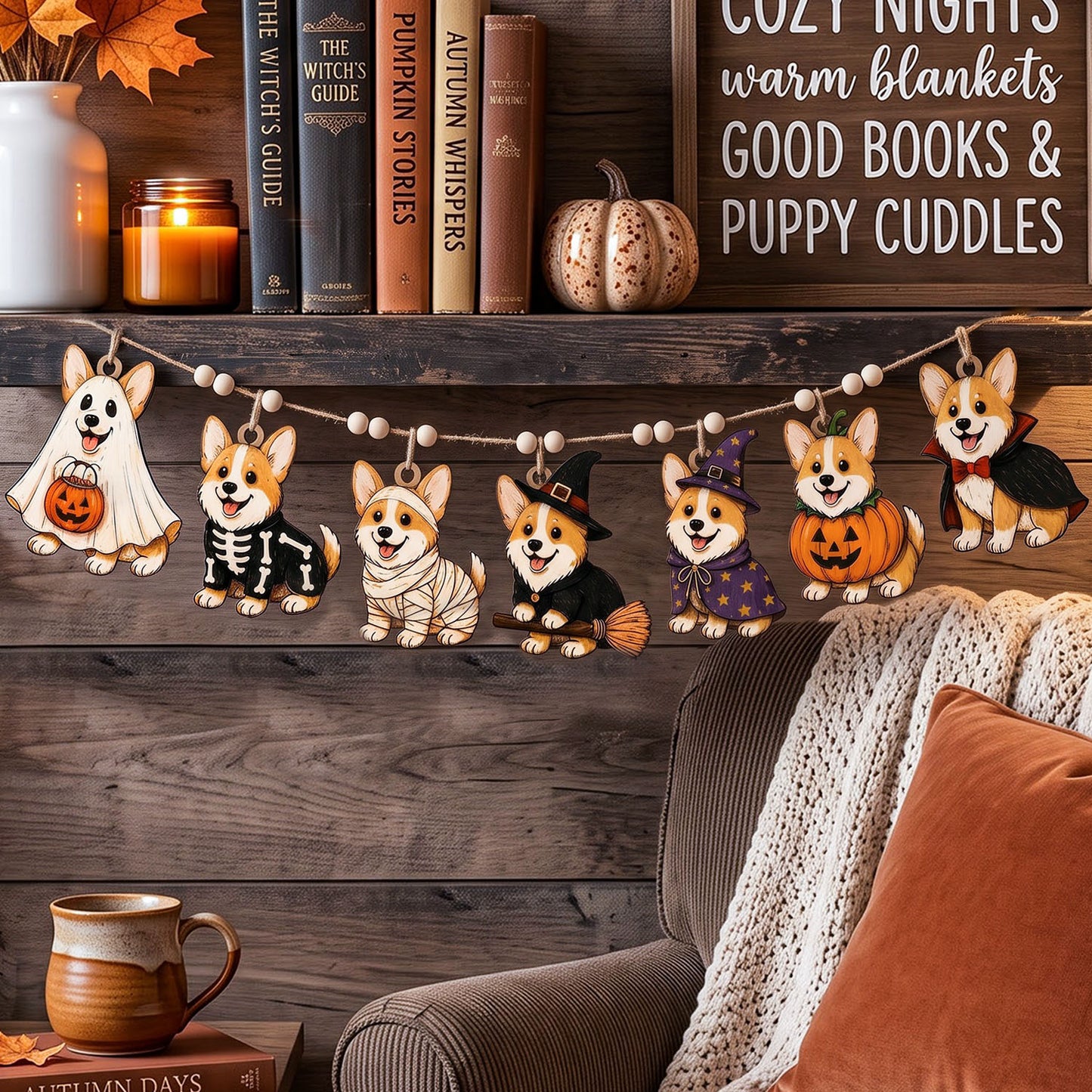 Halloween-themed corgi dog garland hanging on a wooden shelf above a cozy armchair, surrounded by fall decor including books, a candle, a small pumpkin, and a blanket.