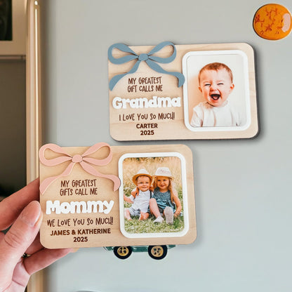 Personalized Kids Bow Photo Fridge Magnet, Mother's Day Fridge Photo Magnet Gift For Grandma And Mom
