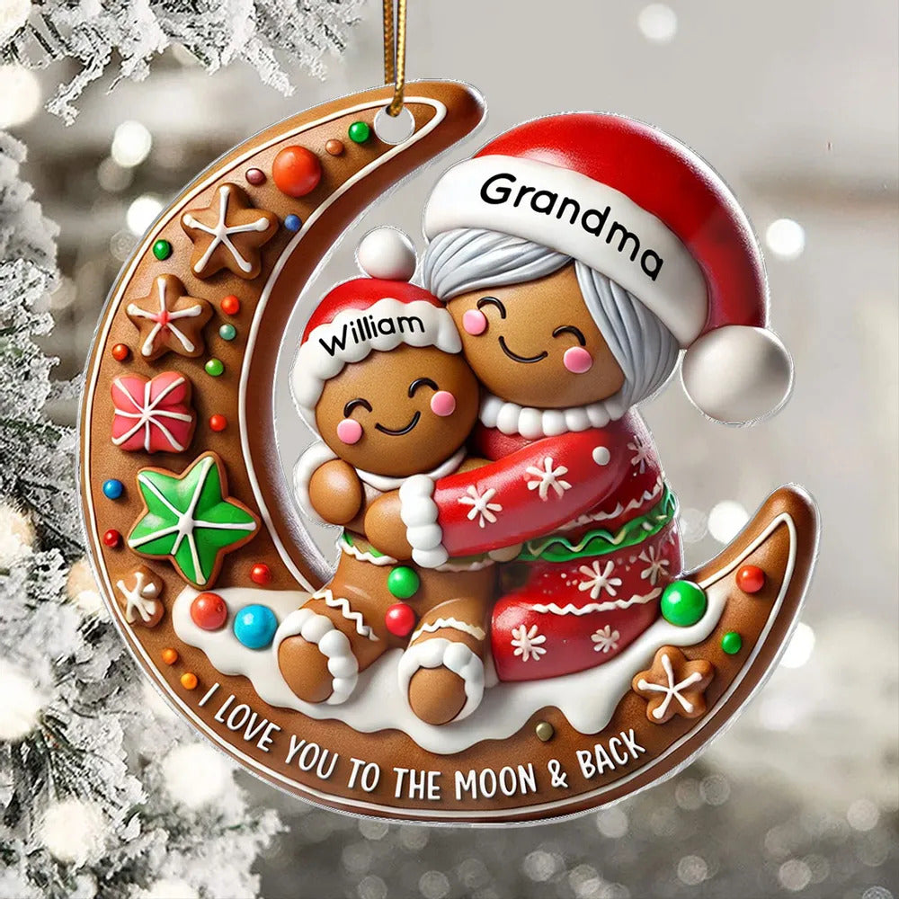 3D Effect Gingerbread Grandma Hugging Grandkid On Moon Christmas Personalized Acrylic Ornament, Gift For Granddaughter, Grandson