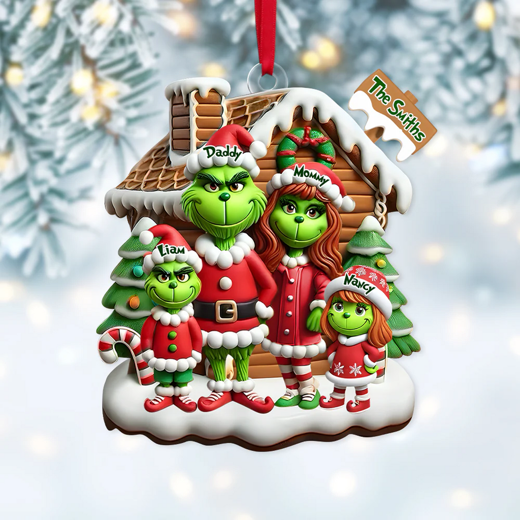 Personalized Cartoon Grinch Family Acrylic Ornament, Heartwarming Holiday Decoration For Family