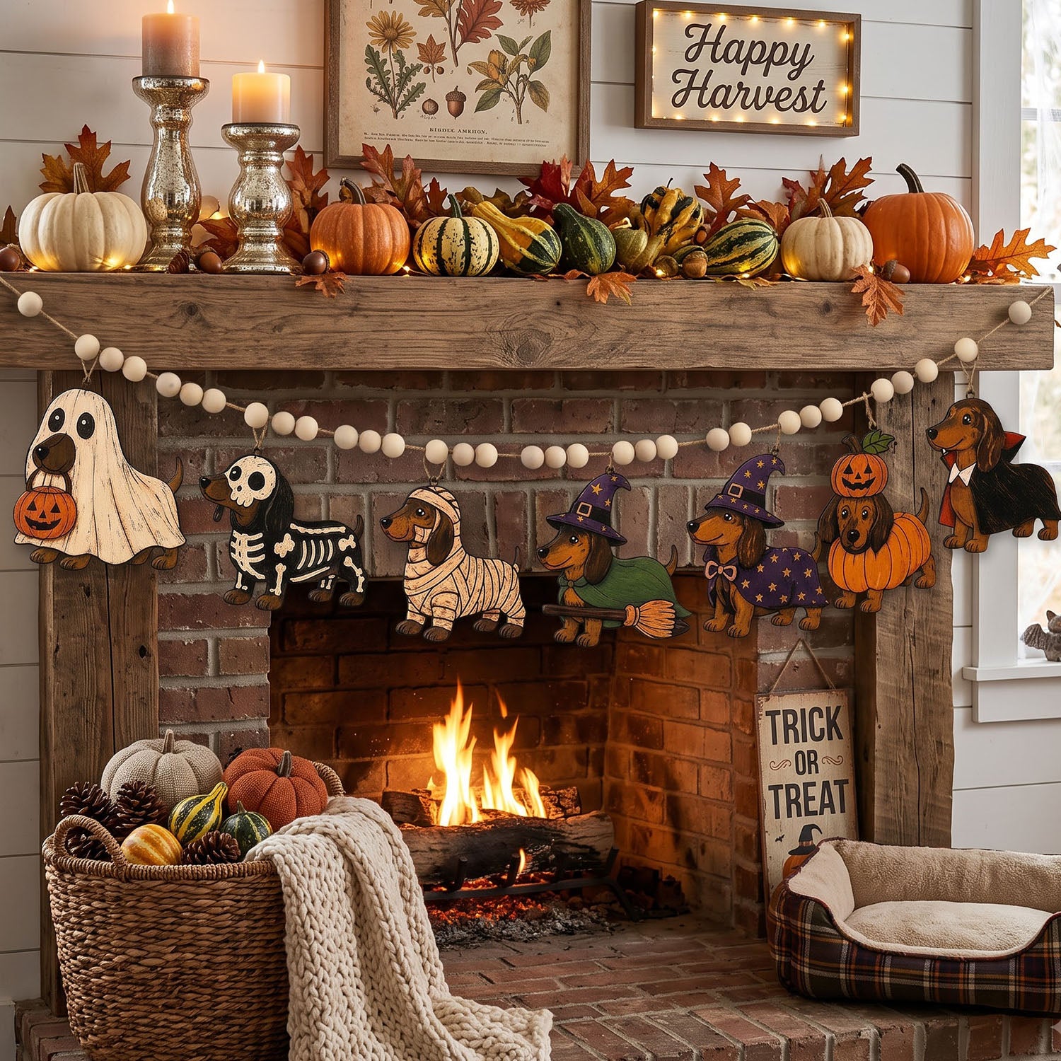 A cozy fall-themed fireplace scene with a wooden mantel decorated with pumpkins, gourds, leaves, candles, and a 'Happy Harvest' sign. A wooden bead garland and a row of dachshund-shaped Halloween decorations are hung across the fireplace above a burning fire.