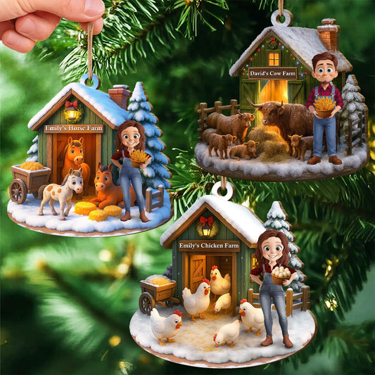 Personalized Home Farm Christmas Scene Wooden Ornament, Gift For Family and Animal Lovers