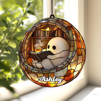 Reading Ghost in Teacup Faux Stained Suncatcher, Acrylic Halloween Window Hanging for Spooky Bathrooms and Book Lovers, Reader Gift