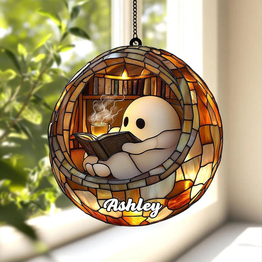 Reading Ghost in Teacup Faux Stained Suncatcher, Acrylic Halloween Window Hanging for Spooky Bathrooms and Book Lovers, Reader Gift