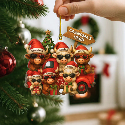 Personalized Christmas Highland Cow On Truck Acrylic Ornament, Family Christmas Ornament