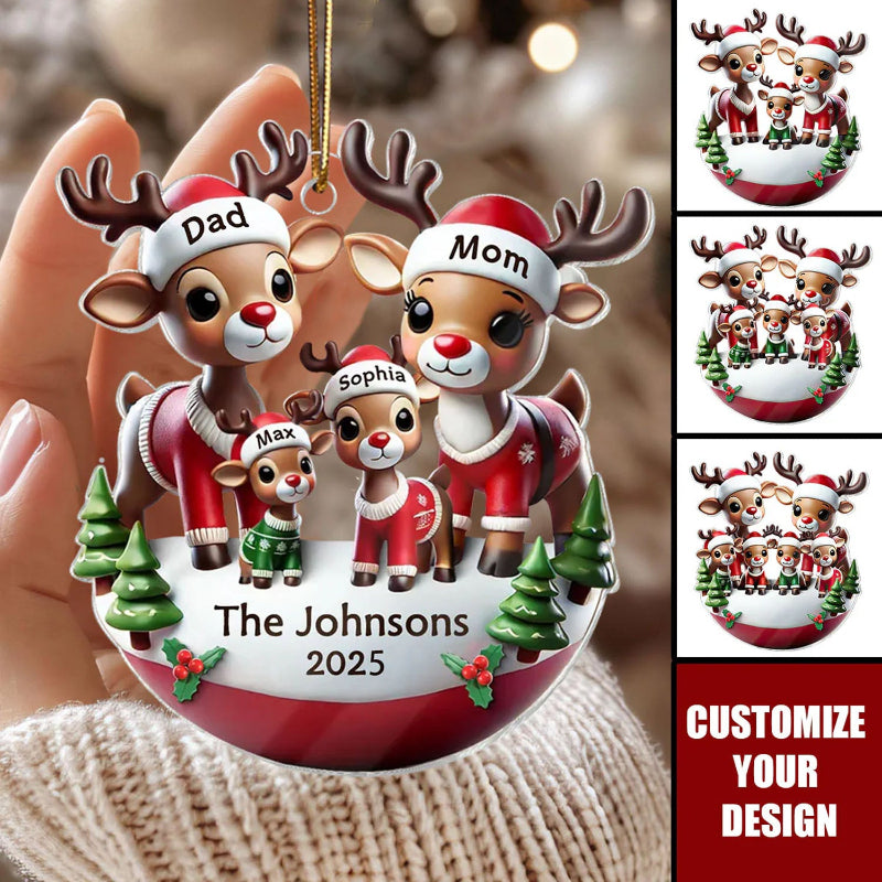 Personalized Reindeer Family 3D Effect Acrylic Ornament, Cute Christmas Decoration