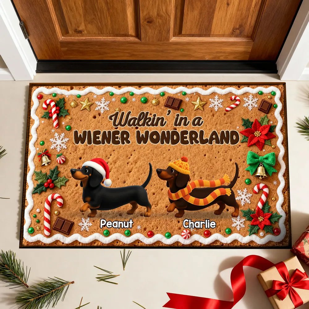 3D Effect Christmas Happy Pawliday Dachshunds Walking Gingerbread Cookie Theme - Personalized Doormat