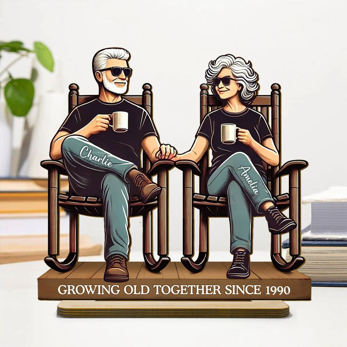 Personalized Old Couple Sitting On Front Porch Standing Wooden Plaque, Heartfelt Valentine's Day Gift For Old Couple