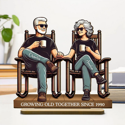 Personalized Old Couple Sitting On Front Porch Standing Wooden Plaque, Heartfelt Valentine's Day Gift For Old Couple