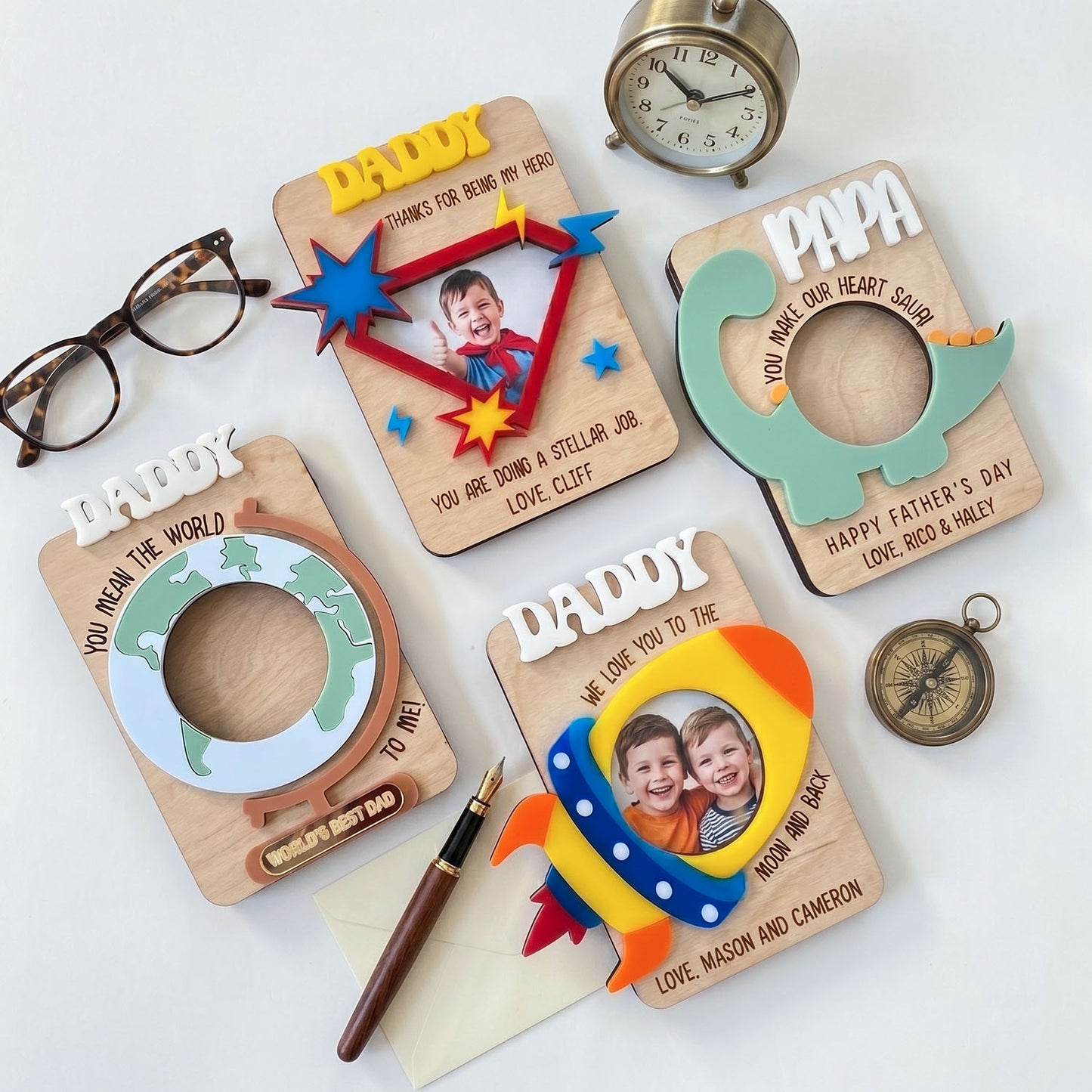 Personalized Playful Photo Holder Fridge Magnet, Custom Daddy Papa Picture Frame Magnet, Rocket Dinosaur Globe Design, Father’s Day Gift, Family Photo Keepsake