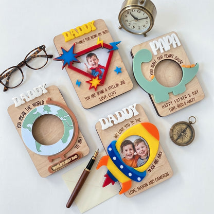 Personalized Playful Photo Holder Fridge Magnet, Custom Daddy Papa Picture Frame Magnet, Rocket Dinosaur Globe Design, Father’s Day Gift, Family Photo Keepsake