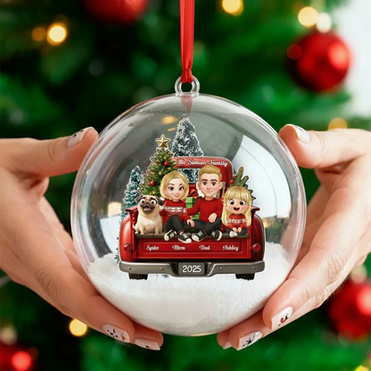 Family Sitting On Truck Ball Ornament - Personalized Snow Globe Ornament - Christmas Festive Decor, Gift for Husband, Wife, Children