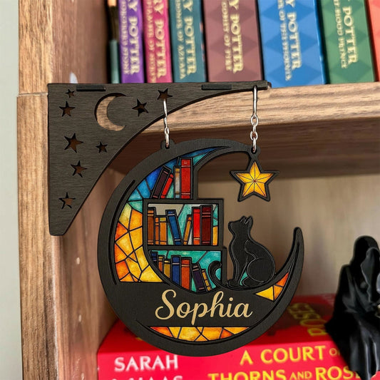 Personalized Half Moon Cat Bookshelf Corner Bracket, Wooden Corner Decor, Library Decor, Bookshelf Decor, Gift for Readers, Book Lovers Gift