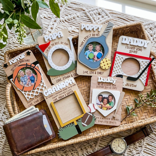 Personalized Sports Ball Game Photo Holder Fridge Magnet, Custom Daddy Papa Grandpa Picture Frame Magnet, Basketball Baseball Football Hockey Golf Pickleball Design, Father’s Day Gift, Family Photo Keepsake