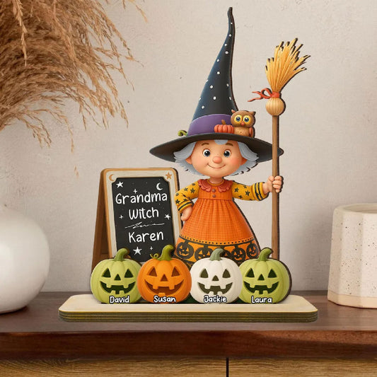 Personalized Grandma Witch Standing Wooden Plaque, Halloween Jack-o'-lantern Decor for Grandma