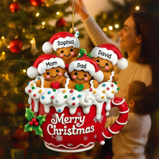 Gingerbread Big Family In Hot Cocoa Christmas Decor Personalized Acrylic Ornament, Christmas Ornament