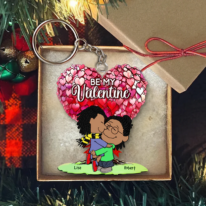 Personalized Cartoon Couple Kissing Under Heart Tree Keychain, Valentine's Day Gift for Couples, Gift For Him, Gift For Her