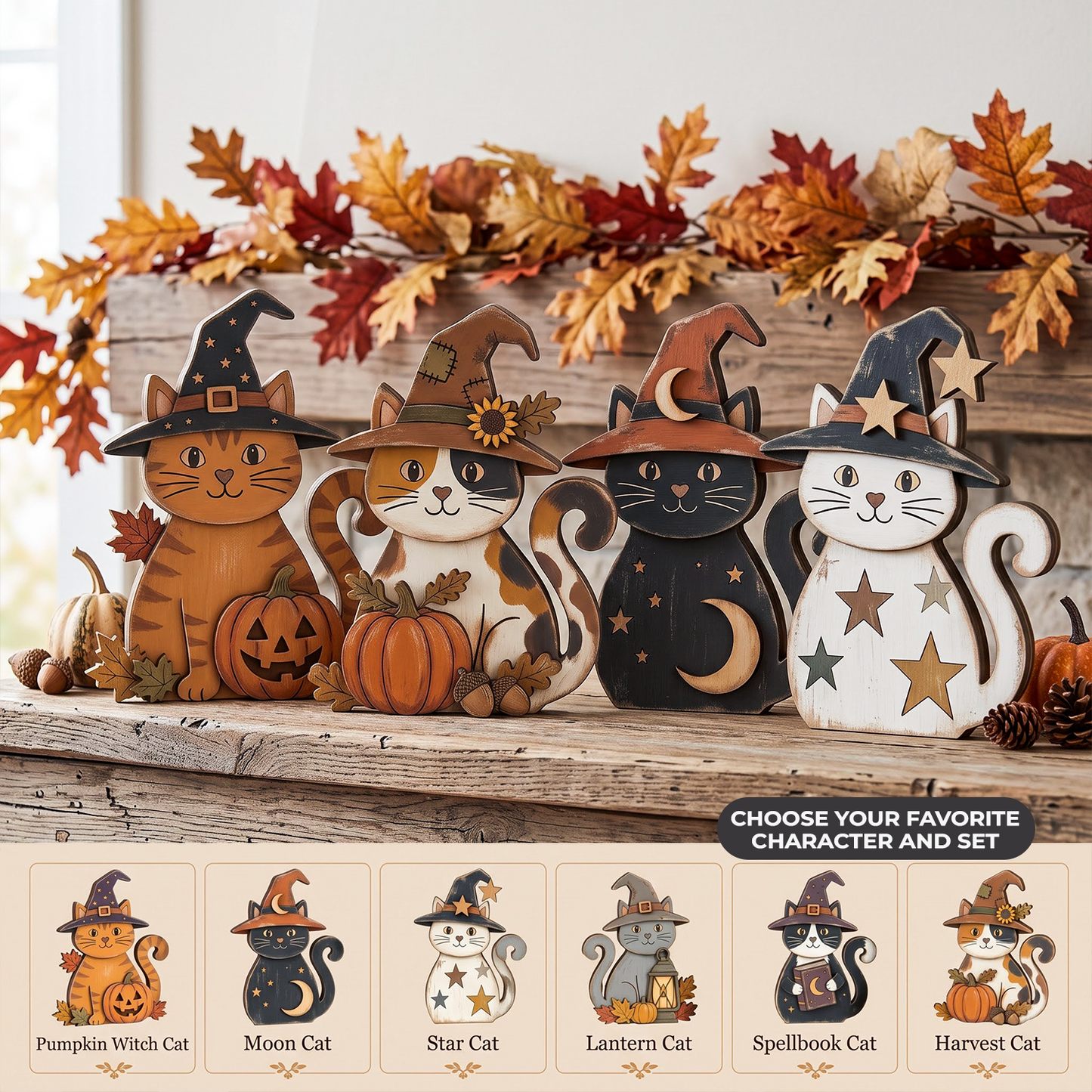 Four decorative wooden witch cat figurines arranged on a rustic wooden shelf with autumn garlands and pumpkins. The cats are painted in different colorways: orange, calico, black, and white, each wearing a pointed witch hat and decorated with stars, moons, and floral accents.