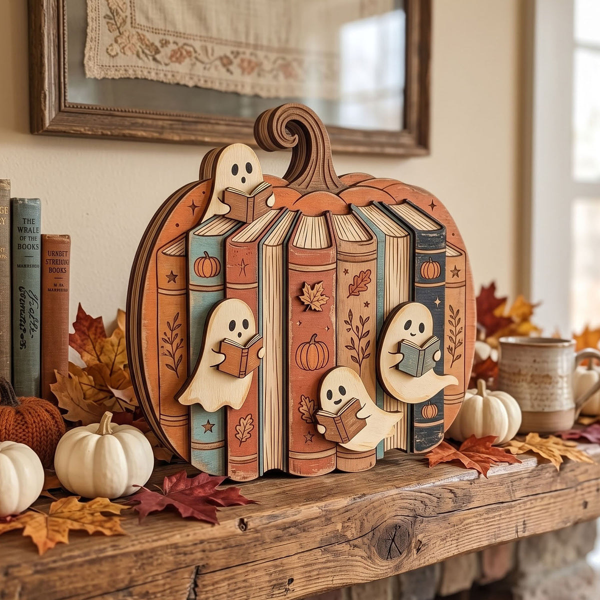 Halloween Pumpkin Bookshelf Wooden Block Sign, Ghost Reading Books, Pumpkin Book Stack Decor