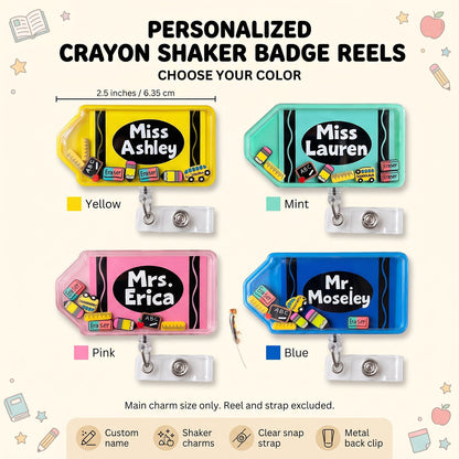 Personalized crayon shaker badge reel options shown in four colorways: yellow, mint, pink, and blue. The image includes product names, sizes, and customization details on a light cream background with school-themed doodles.