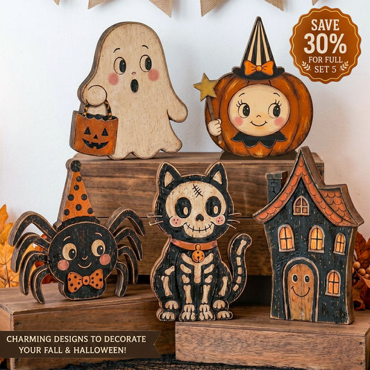 Vintage Halloween Character Wooden Block Sign, Cute Ghost Pumpkin Spider Cat Haunted House Decor Set, Spooky Fall Tiered Tray Decoration