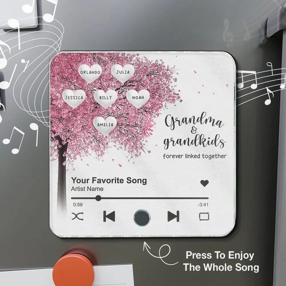 Grandma Grandkids Fill A Place In Your Heart Heart Tree Personalized Music Fridge Magnet, Heartfelt Mother's Day Gift For Mom For Grandma