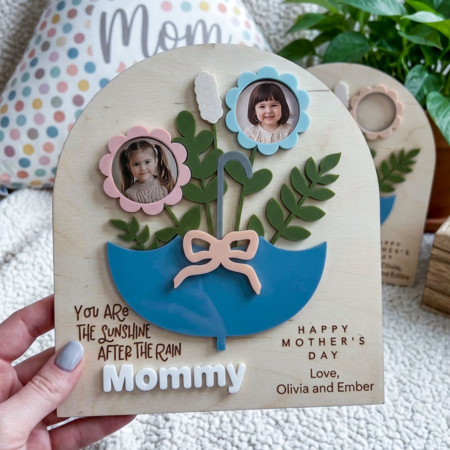Personalized Mother's Day Photo Umbrella Sign, Kids Photo Flower Bouquet Plaque, Personalized Gift for Mom or Grandma from Kids