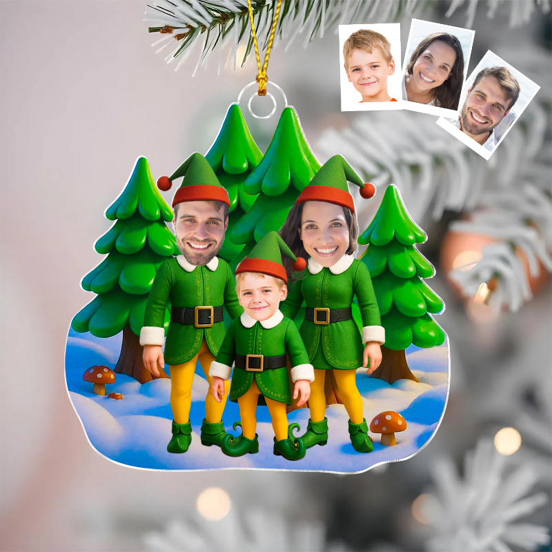 Personalized Photo Elf Family Standing Together Acrylic Ornament, Family Christmas Tree Decoration