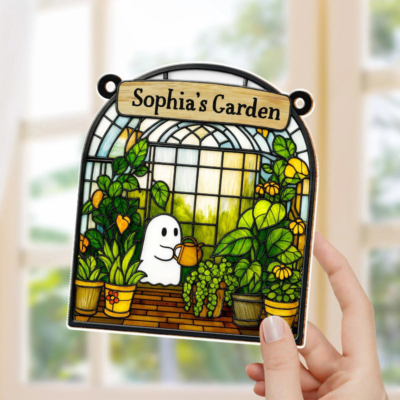 Personalized Ghost And Lush Greenery Garden Suncatcher, Gift For Garden Lovers, Cute Halloween Gift