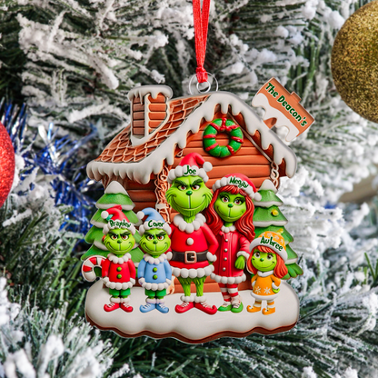 Personalized Cartoon Green Family Acrylic Ornament, Heartwarming Holiday Decoration For Family