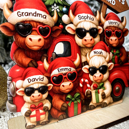 Highland Cow On Truck Standing Wooden Plaque, Personalized Christmas Standing Wooden Plaque