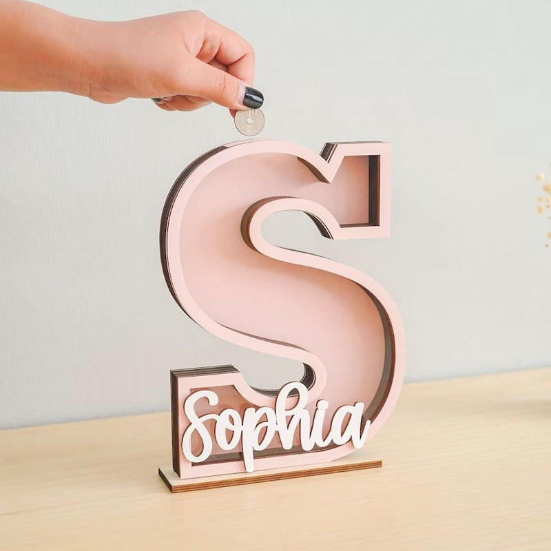 Personalized Baby Letter Coin Bank, Wooden Money Bank