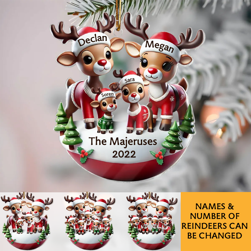 Personalized Reindeer Family 3D Effect Acrylic Ornament, Cute Christmas Decoration