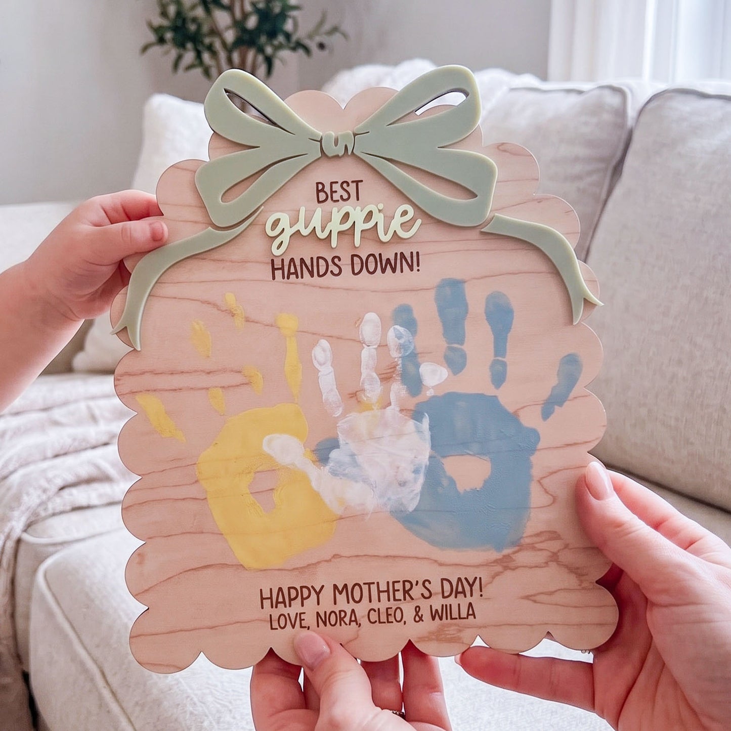 Personalized DIY Bow Ribbon Scallop Handprint Sign, Custom Kids Handprint Keepsake Plaque, Best Mama Grandma Hands Down Design, Mother’s Day Gift, Family Keepsake Decor