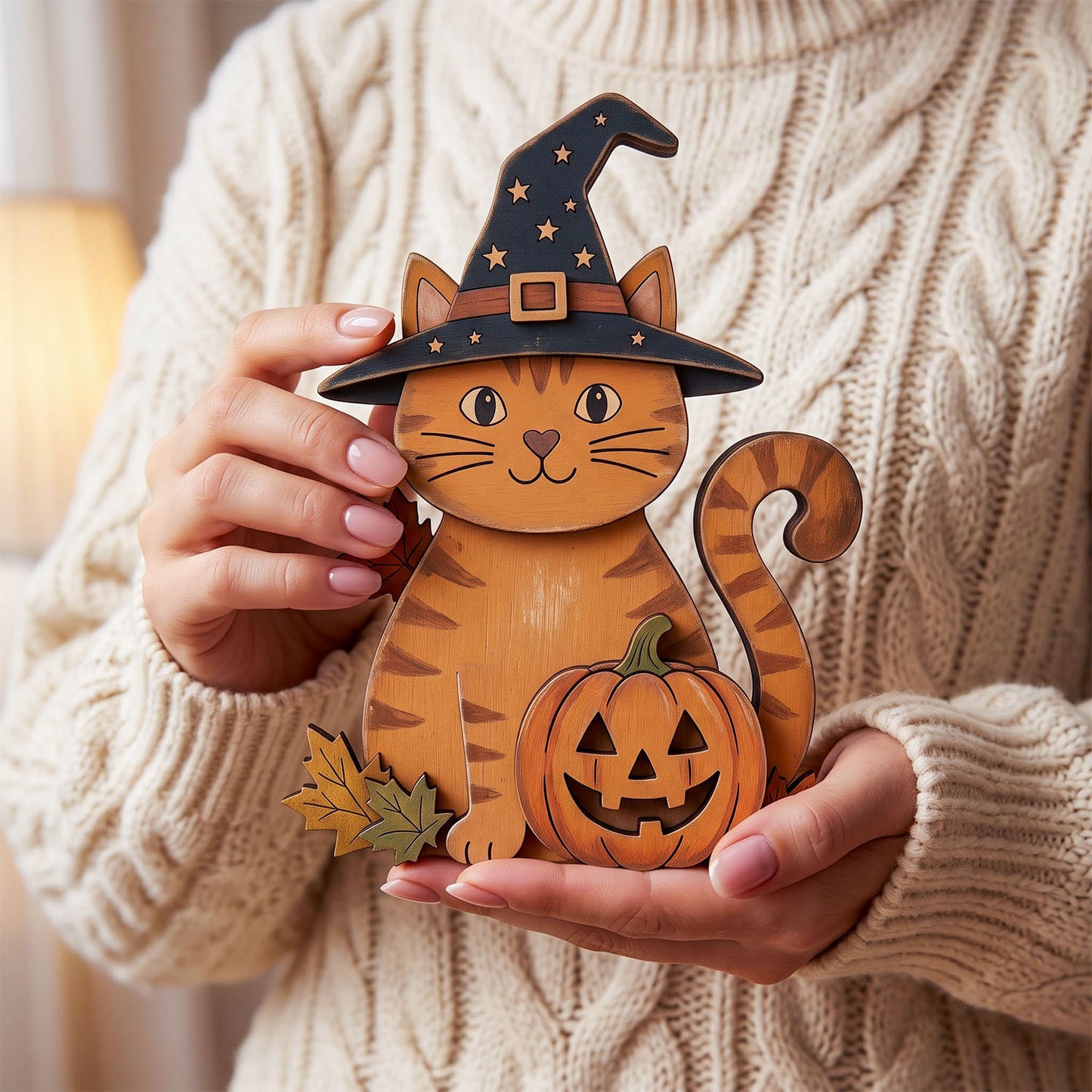 A person in a cream cable-knit sweater holds a wooden Halloween decoration shaped like an orange tabby cat wearing a black witch hat and standing next to a carved orange pumpkin.