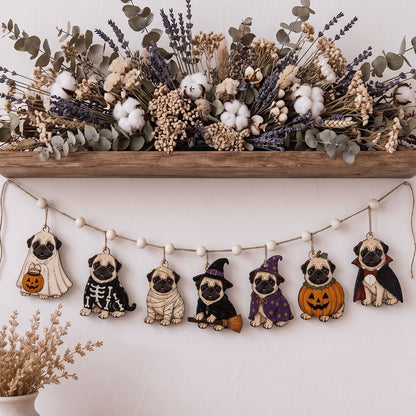 Halloween Pug Wooden Garland, Spooky Ghost Skeleton Witch Pug Garland, Halloween Mantel Fireplace Decor, Fall Bookshelf Decoration, Dog Lover Gift