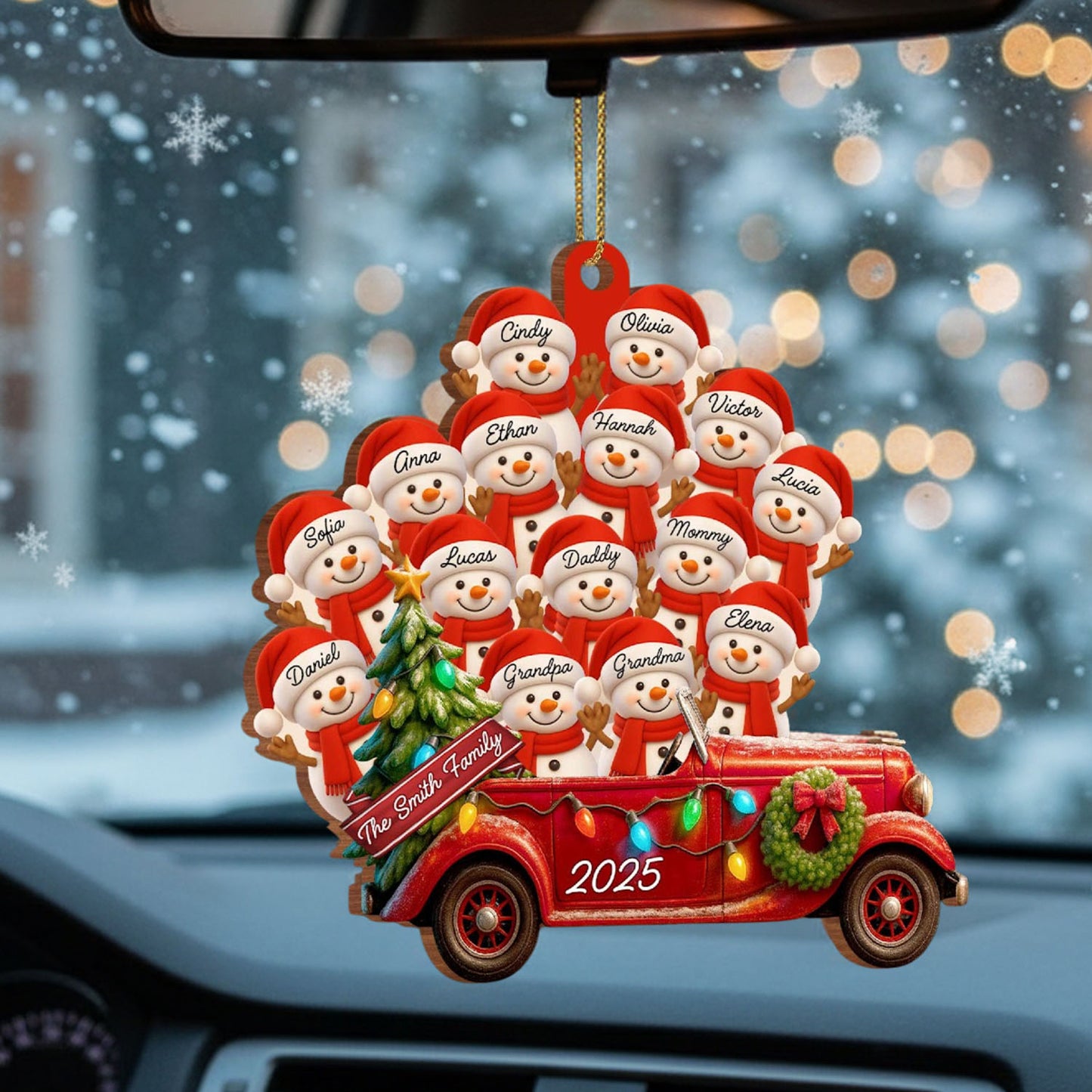 Personalized Big Family Snowman On Red Truck Wooden Ornament, Gift For Family and Christmas Lovers